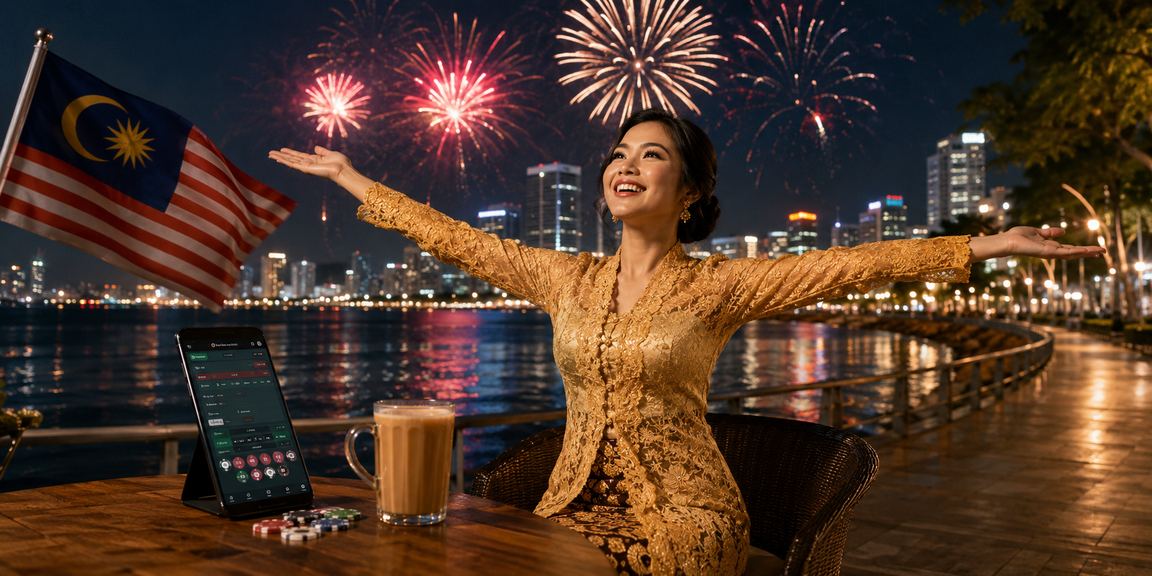 Pemain kasino mudah alih di Penang dalam kebaya menikmati permainan slot dalam talian